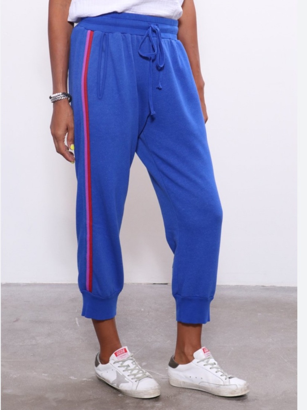 XiRENA Surfer Blue w Stripes Drawstring Waist Cropped Simon Sweat Lounge Pants L